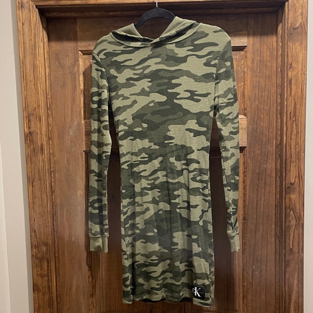 Calvin Klein Camouflage Waffle Knit Dress with Hood